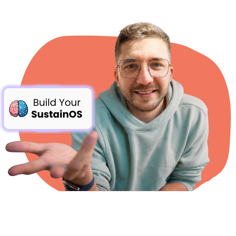 Zyad Hatquai, smiling, one hand open toward the camera, beside a card that reads Build Your SustainOS.